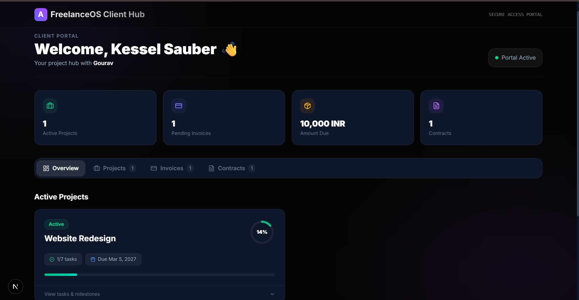 FreelanceOS client management dashboard